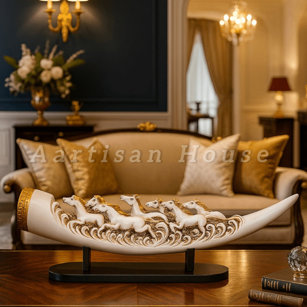 Eight Running Horses Carved In Tusk | Feng Shui Table Accent
