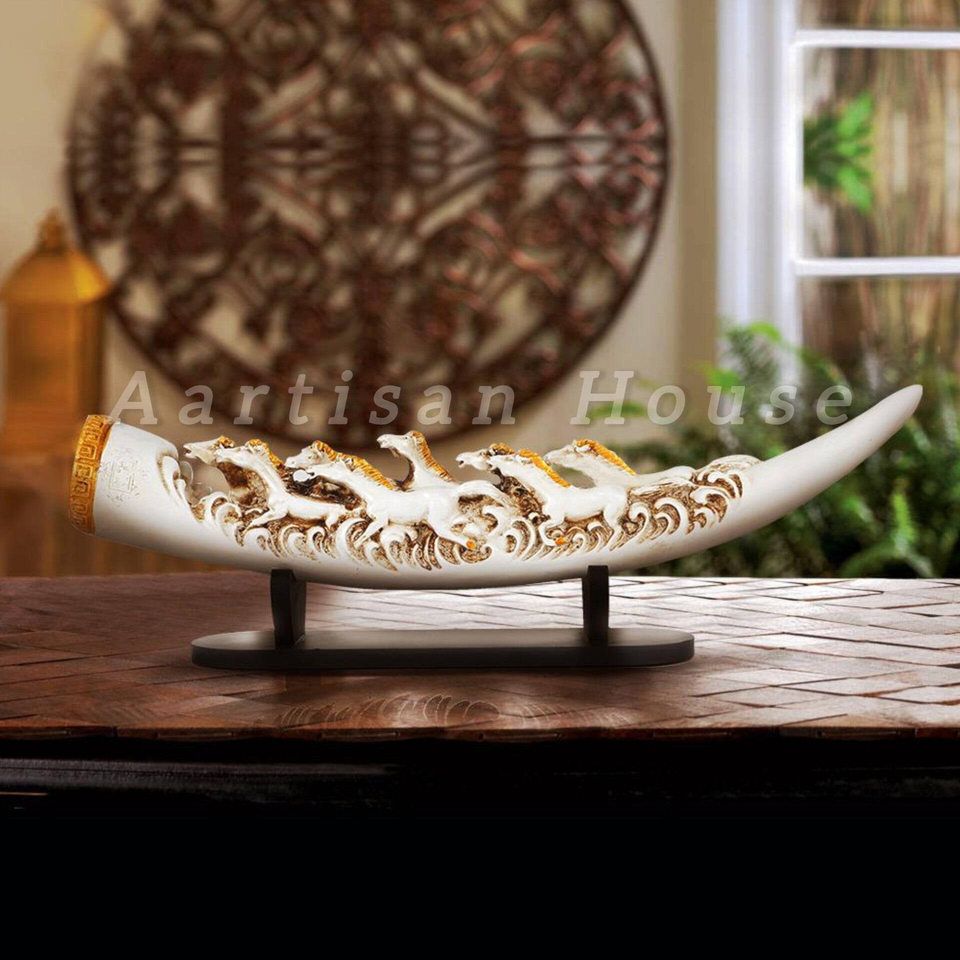 Eight Running Horses Carved In Tusk | Feng Shui Table Accent