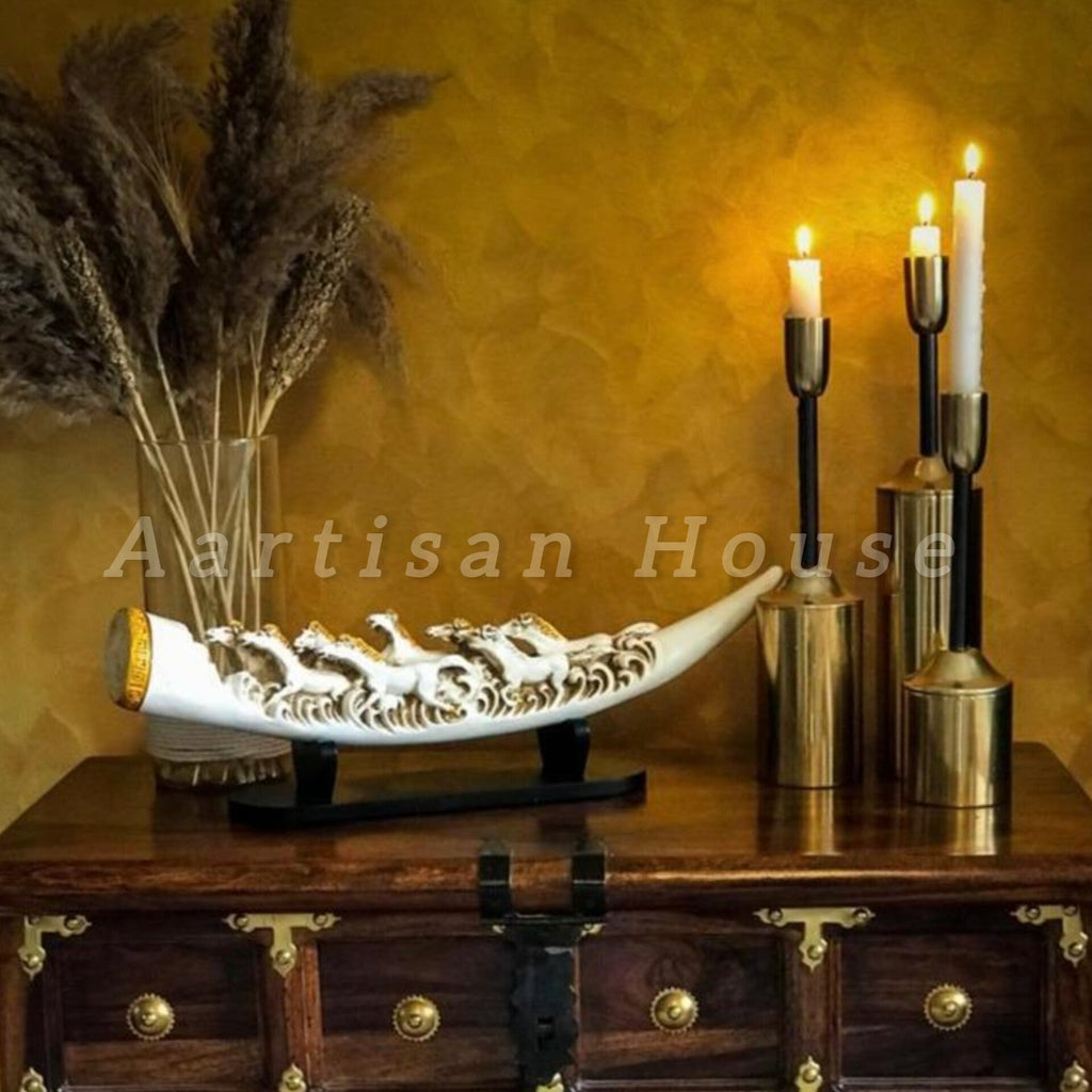 Eight Running Horses Carved In Tusk | Feng Shui Table Accent