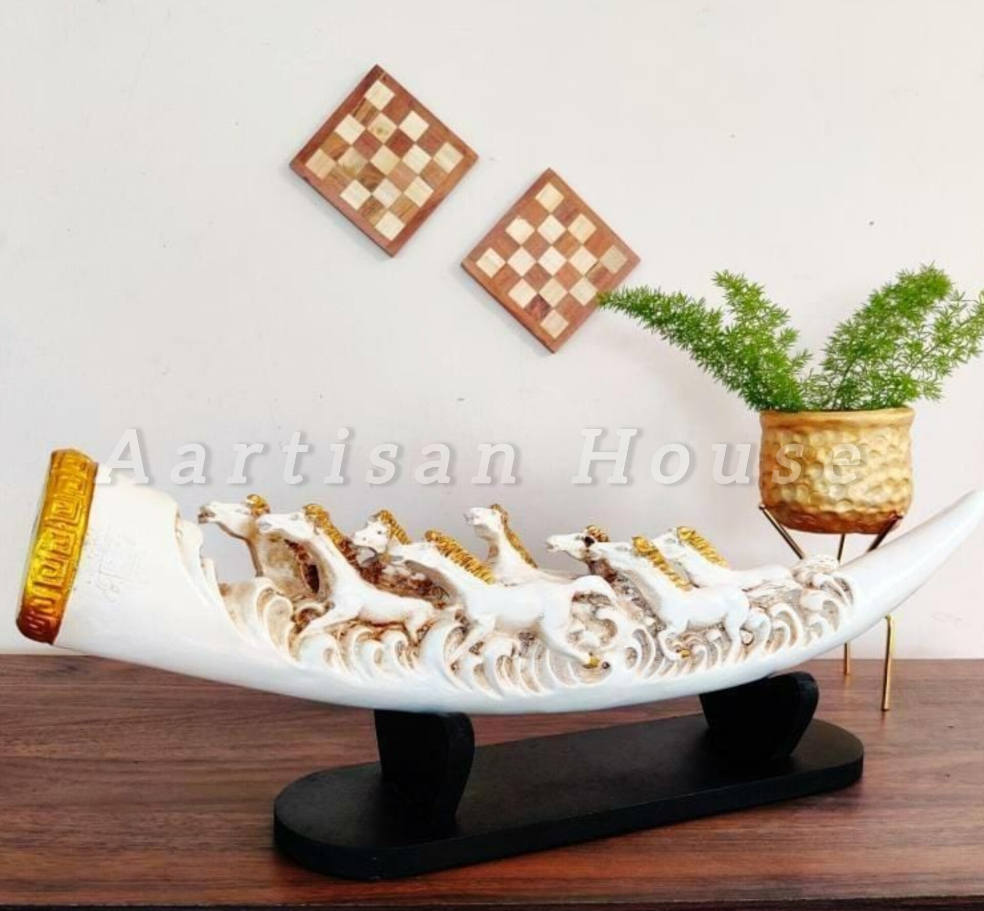 Eight Running Horses Carved In Tusk | Feng Shui Table Accent