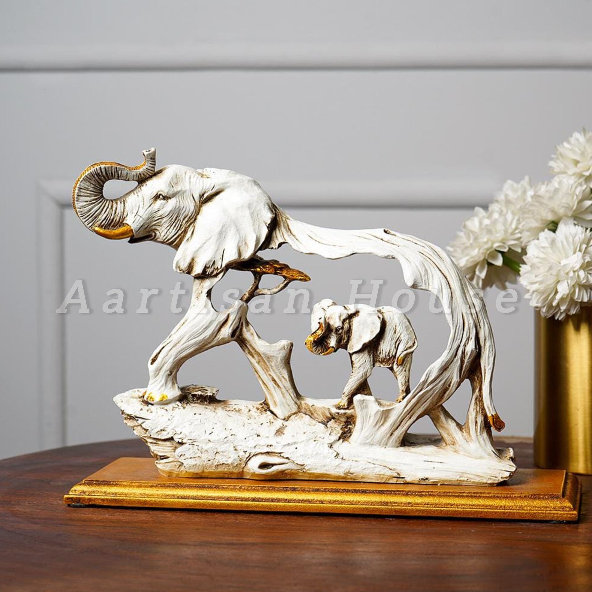 The Feng Shui Golden Elephant Showpiece with Wooden Base