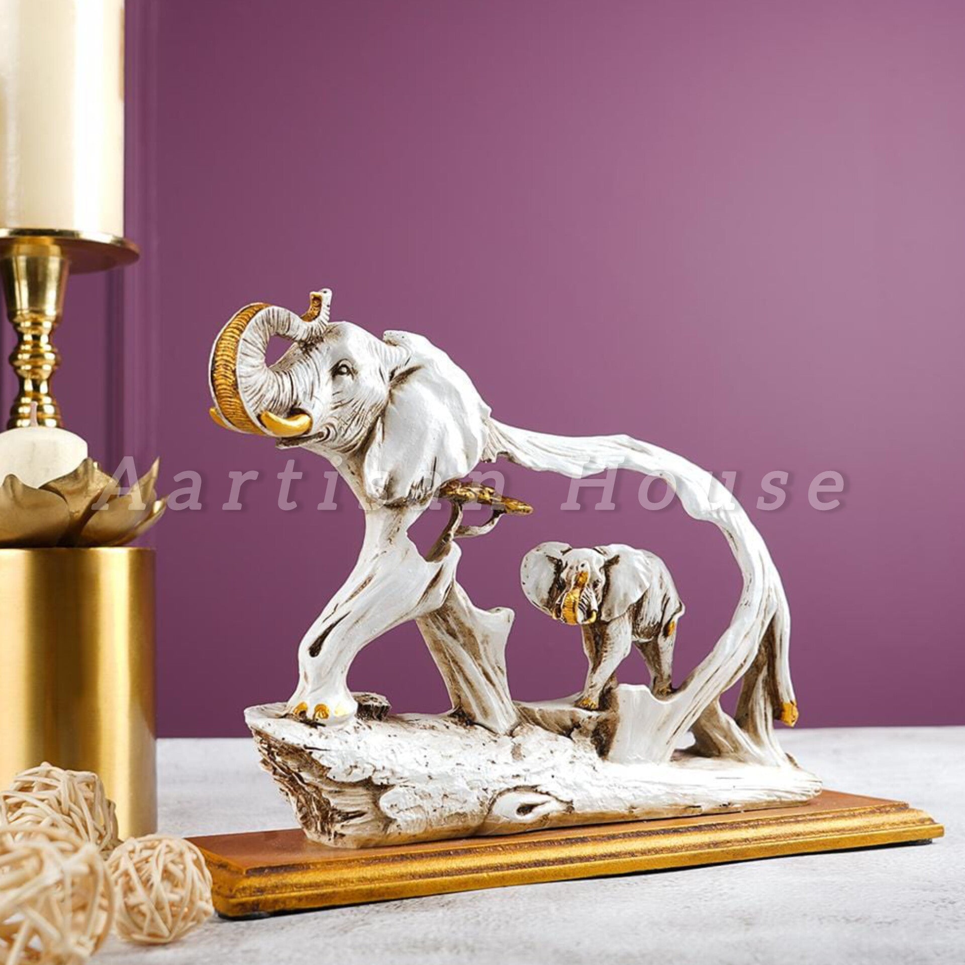 The Feng Shui Golden Elephant Showpiece with Wooden Base