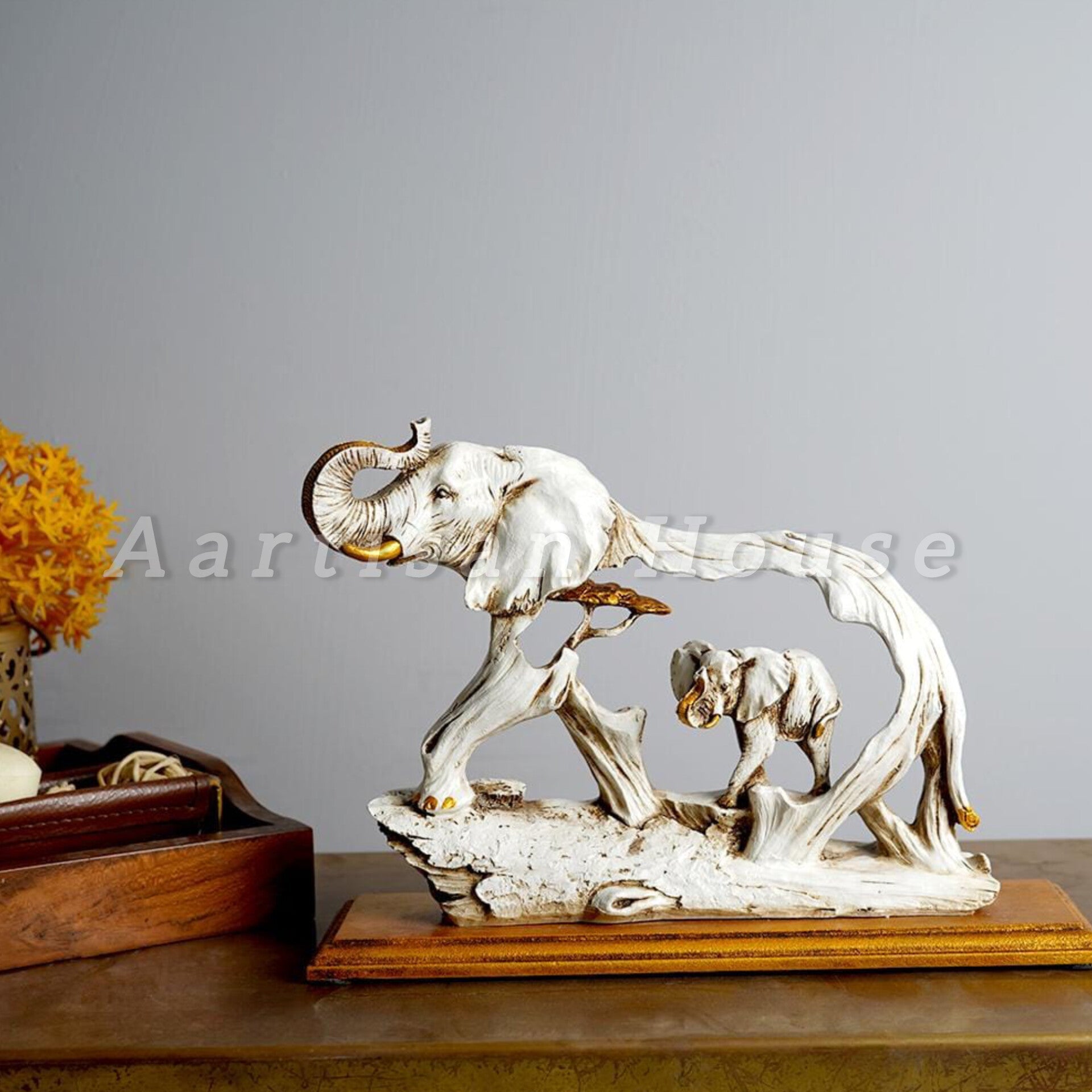 The Feng Shui Golden Elephant Showpiece with Wooden Base