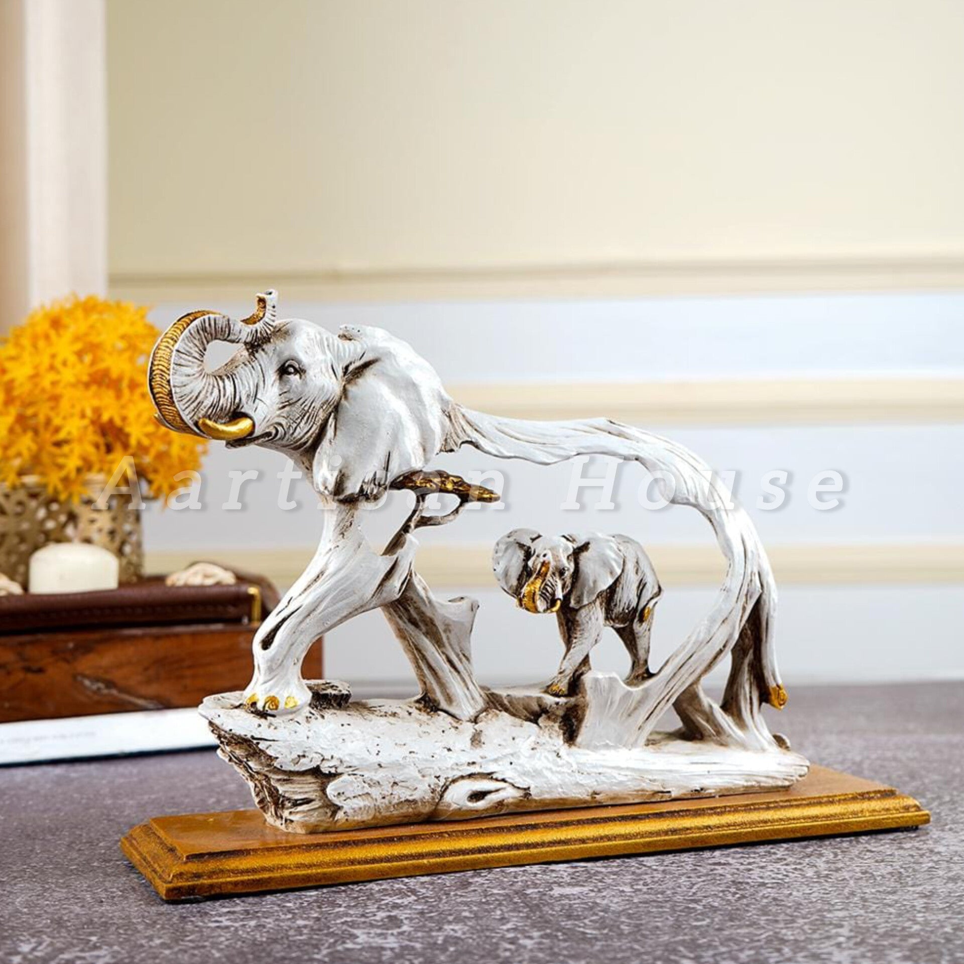 The Feng Shui Golden Elephant Showpiece with Wooden Base